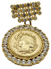Vintage Faux Coin 1957 South Africa 1/2d Rhinestones Dangle Brooch Gold Tone