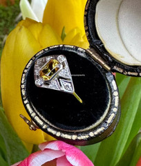 Edwardian 3Ct Emerald Cut Yellow Citrine CZ Art Deco Ring 14K White Gold Plated