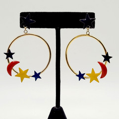 Stars Crescent Moon Colorful Enamel Metal Gold Tone Round Hoop Pierced Earrings
