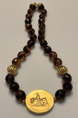 JADED Jewels NY Signed Etruscan Roman Coin Revival Glass Beaded Pendant Necklace