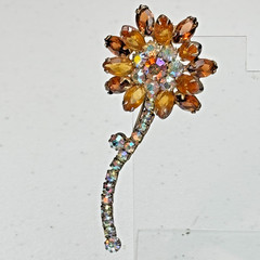 Vintage Brooch Brown Rhinestone Flower AB Stem Daisy MCM 50s 60s