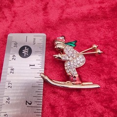 Vintage Skier Brooch Pin Gold Tone Rhinestone Encrusted Green Red Enamel Winter