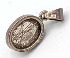 Vintage Sterling Silver Rutilated Quartz Pendant Oval Cabochon Domed Charm