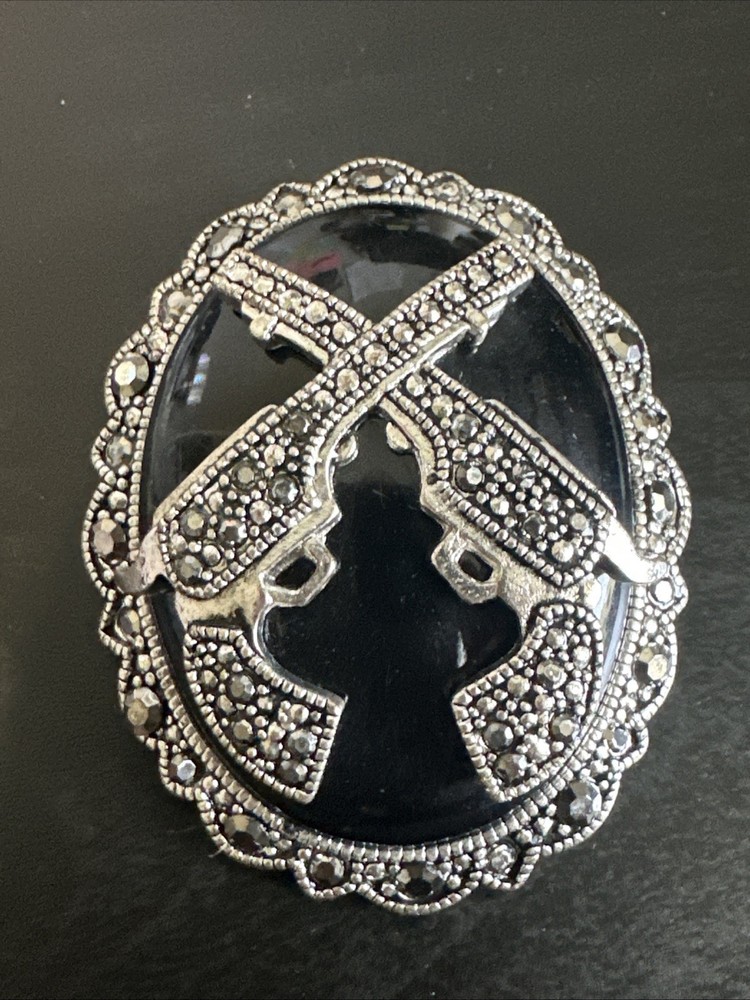 VTG Art Deco Style Crossed Pistols Brooch Pendant Faux Onyx Marcasite Costume