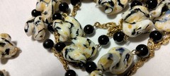 Vintage Venetian Fancy Pinched Gold Black Glass Beads Beaded Demi Parure