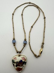 Vintage Double Sided Cloisonne Butterfly & Flowers Heart Pendant 18”