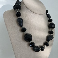 Vintage Chunky Black Faceted Lucite Bead Necklace Raw Nugget Rhinestone Choker