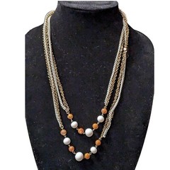 Gold Tone And White Chain 49″ Orange And Cream Bead Stations Necklace Or Belt