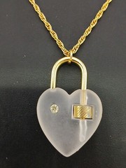 NEW OLD STOCK 1970s goldtone crystal lucite heart lock pendant necklace