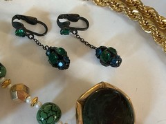 Vintage Blue/Green/Gold Jewelry Mix Lot Earrings Necklace RS Beads Glass Enamel
