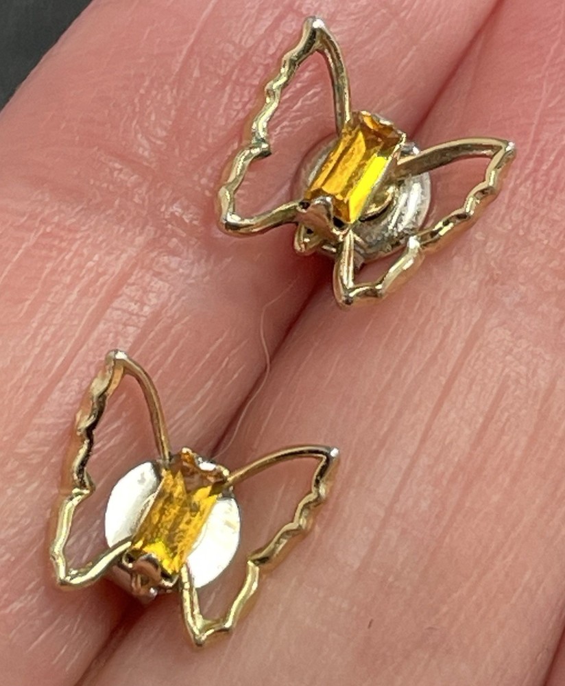 Vintage Amber Crystal Rhinestone Butterfly Earrings