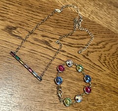 Vintage Gold Tone Multi Color Rhinestones Bar Paperclip Necklace & Bracelet