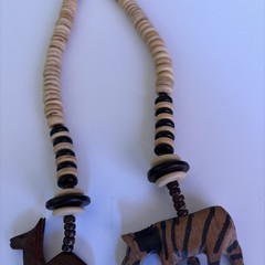Vintage African Large Hand Carved Wooden Safari Animal Beads 30” Necklace