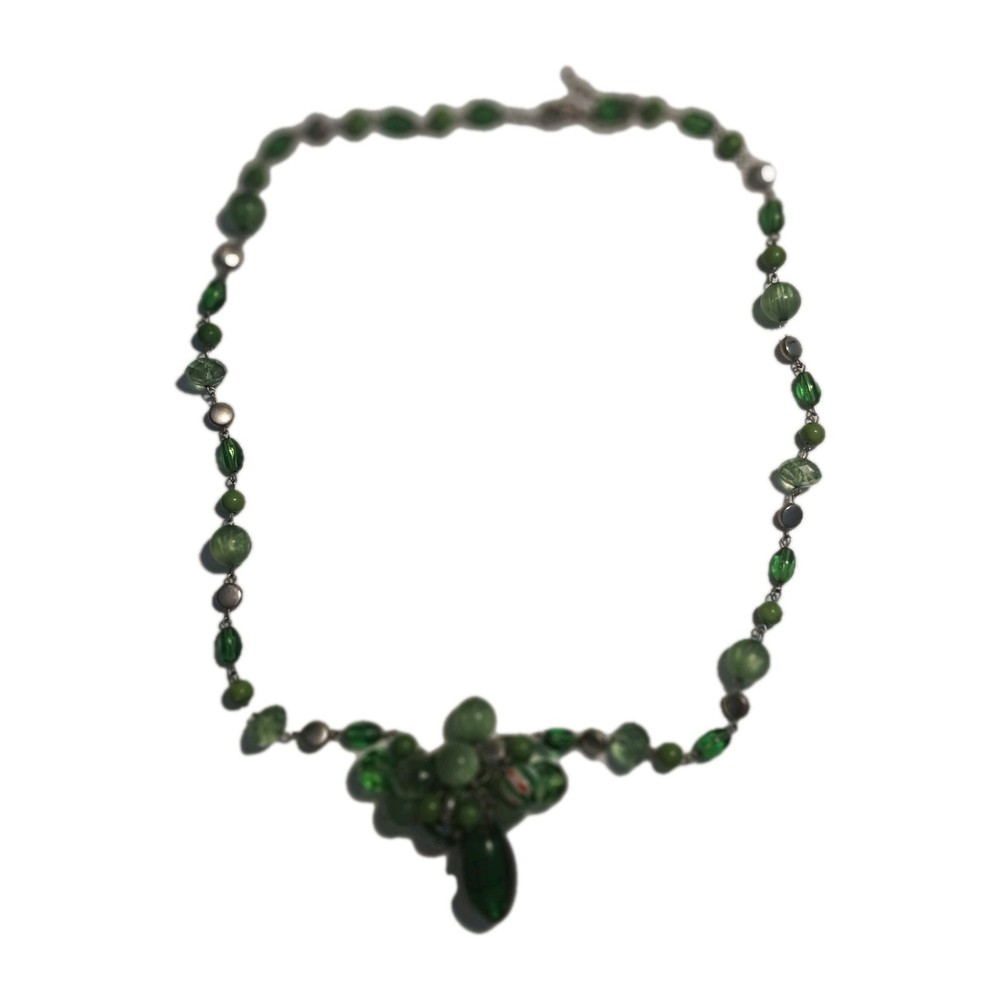 Vtg Green Glass Plastic Beads Metal Disks 28″ Inches Chip Large Bead Millefiori