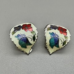 Earrings Womens Silver Tone Vintage Cloisonne Enamel Butterfly Floral 1 Inch