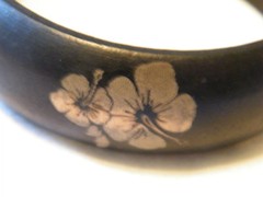 Collectible Bangle Bracelet Black Plastic Muted Flowers 2 5/8 x 7/8 Inch Wide