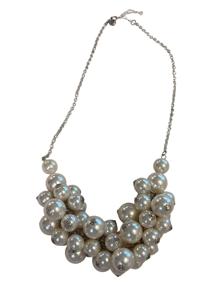 Chunky Faux Pearl Cluster Necklace 21″ Jane Stone Silver Tone Vintage