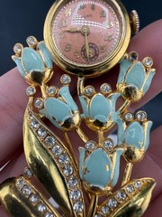 Vintage Welsbro Watch Brooch Tulips Pot Metal Rhinestone NICE Untested