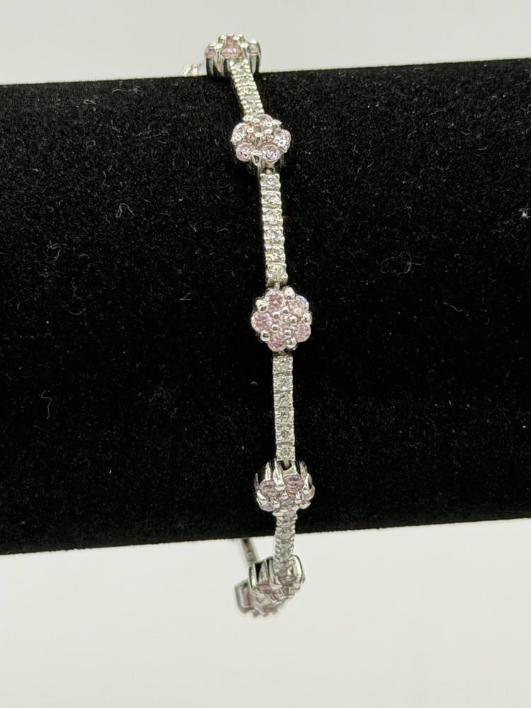 Vintage Pink Clear Spinel Silver Tone 7” Link Bracelet Mark 925 FAS