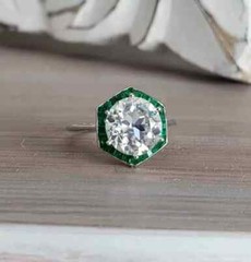 Art Deco Style 3.00Ct Lab-Created Diamond & Emerald Engagement Ring 925 Silver