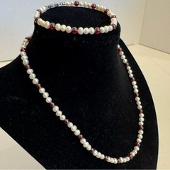 Vintage Rice Pearls & Almandine Garnet Gemstones Beaded Necklace & Bracelet Set