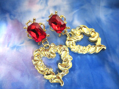Beautiful Medieval Golden Hearts Earrings RED Glass Stone HEARTS Statement NWT