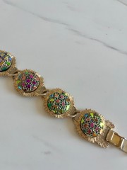 Vintage Judy Lee Poured Glass Iridescent Crystal bracelet 7.5” Gold tone Signed