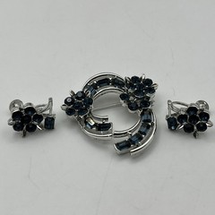 VINTAGE LISNER RHINESTONE Deep BLUE BROOCH and EARRINGS