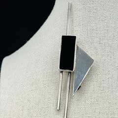Vintage Signed Mexico 925 Sterling Silver Taxco Modernist Onyx Brooch Geometric
