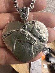 Western Pewter Silver Tone Double Horse Head Pendant Necklace Cowboy Ranching