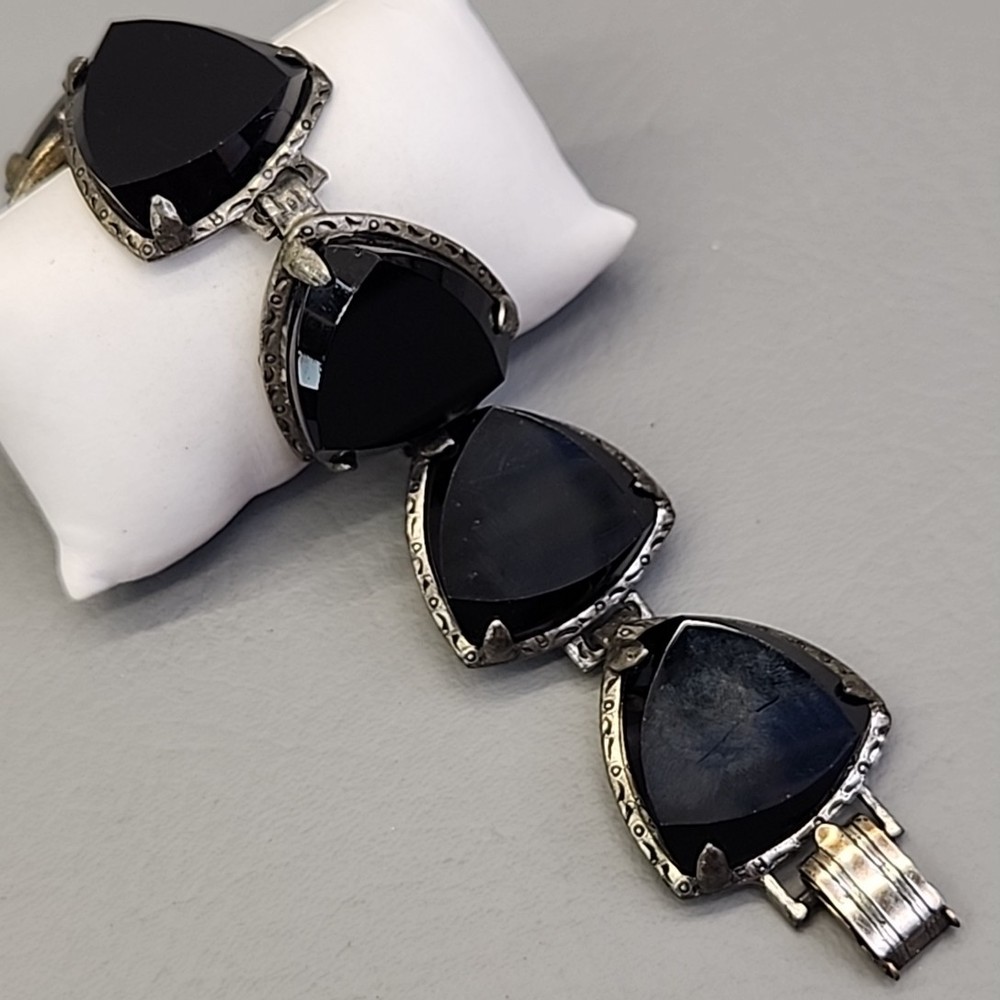 Vintage Bracelet Black Onyx Stone Linked Faceted Chunky Panel Silver Tone 7″