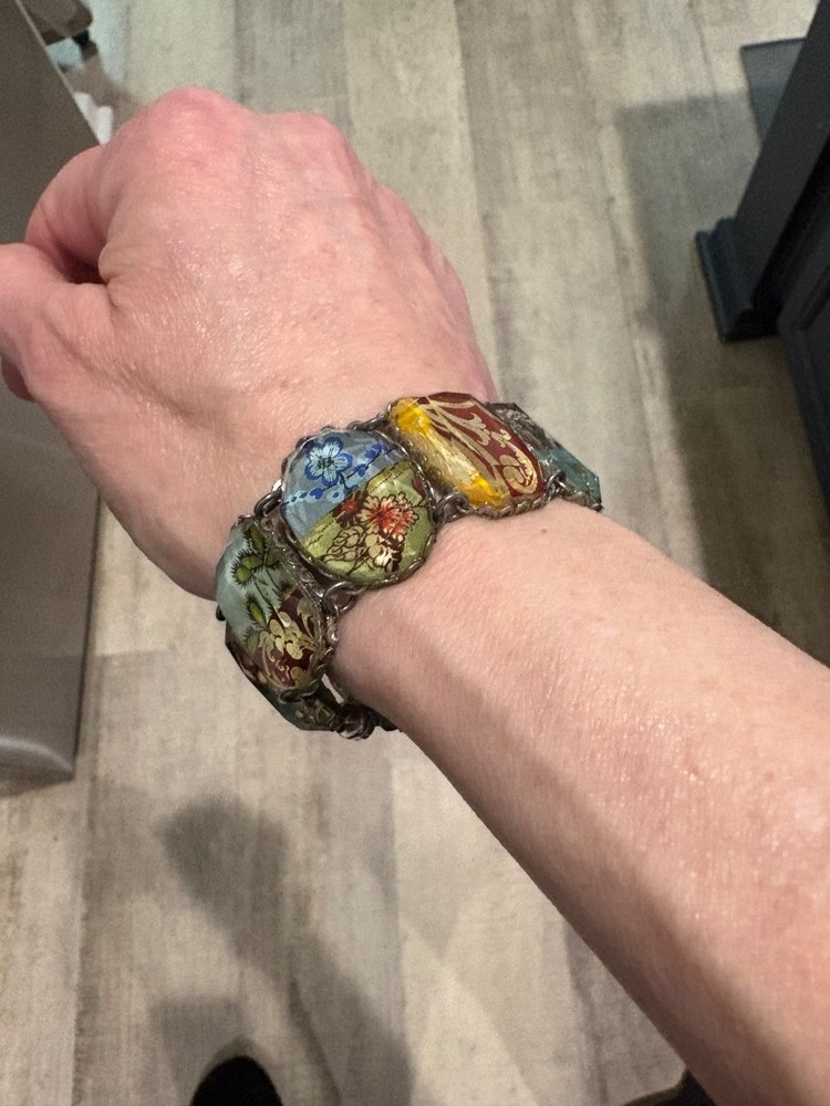 Vintage Ayala Bar Retired Fabric Under Glass Panel Bracelet Magnetic Clasp