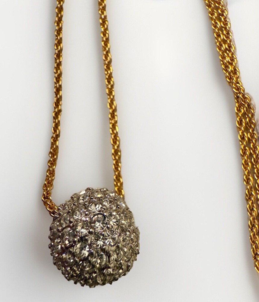 Vtg.Rhinestones Bead Necklace Sliding Single Bead on Ball Chain Gold Tone Metal