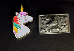 Lot of 2 UNICORN Pins Brooch Pinback Buttons Vintage Torino Pewter & Enamel
