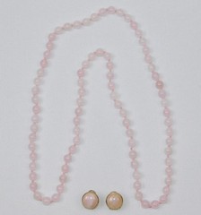 Vintage Hand Knotted Rose Quartz Gold 32″ Round Bead Necklace & Pierced Earrings