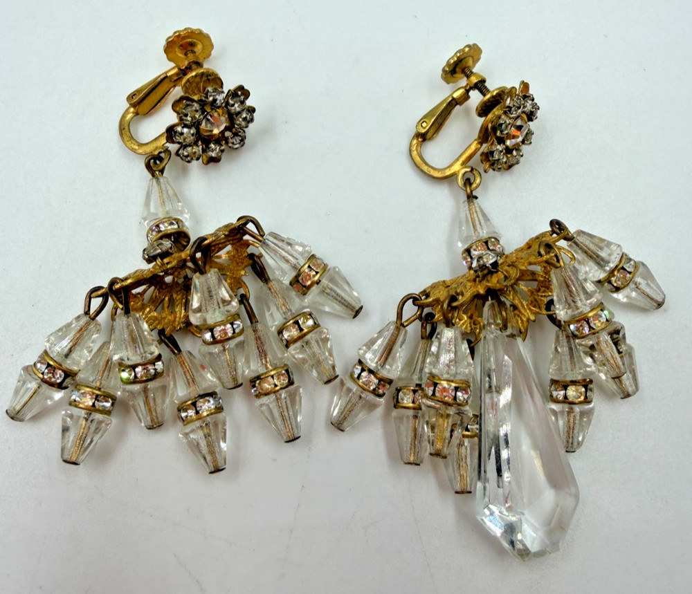 Vintage Earrings Clip On Miriam Haskell Chandelier Glass Missing Bead