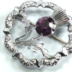 English Amethyst Rhinestone Thistle Brooch Silver Tone Wreath 1.5 in. by MIRACLE