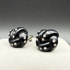 Vintage Black Lucite & Rhinestone Love Knot Screw Back Earrings Retro Statement
