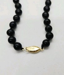 Black Glass Beaded Necklace Hand-Knotted MJ Signed Clasp Gold tone 26 in