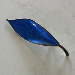 Vintage David Andersen Norway Sterling 925S Blue Guilloche Enamel Leaf Brooch
