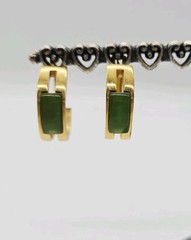 Crown Trifari Hoop Earrings Green inlay Gold tone cut out design Vintage .75 in
