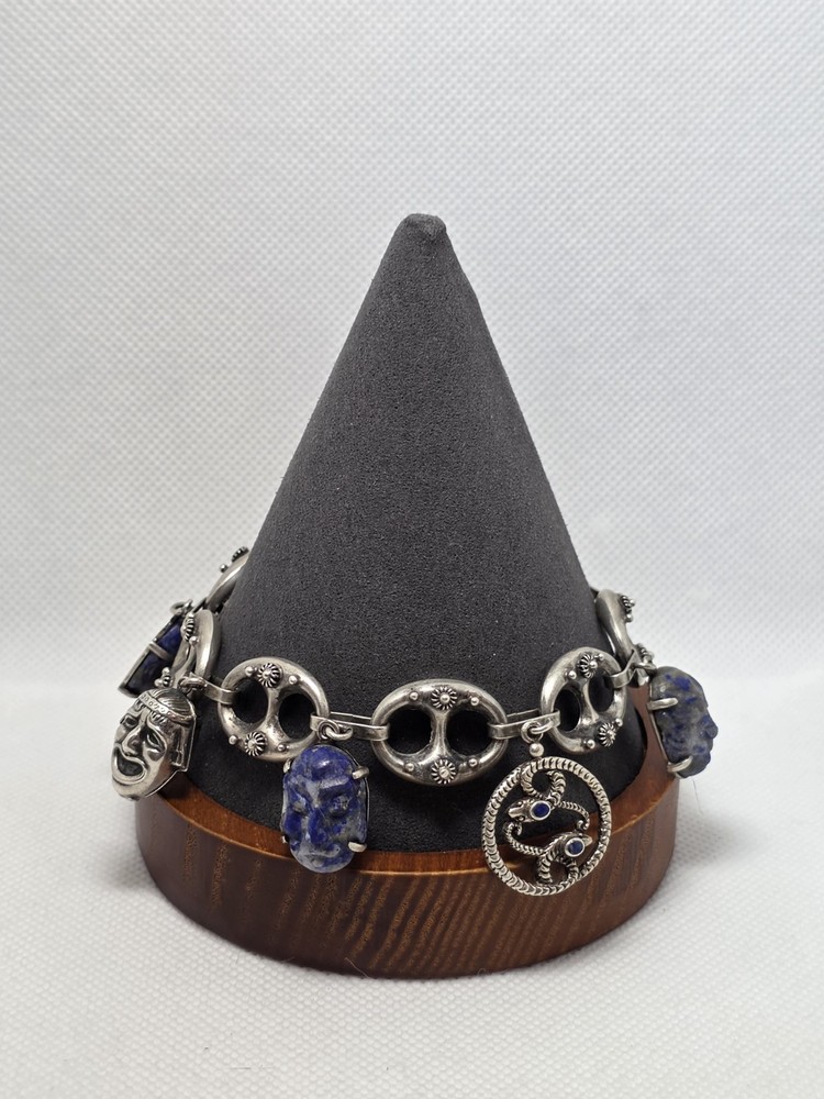 Italian Etruscan Revival 800 Silver Fob Charm Bracelet Size 7.5″ 28.6gr Lapis