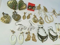 Earring Lot (14) Pairs Pierced Heart Elephant Hoops Gold Tone White Vintage