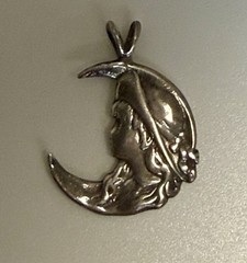 Vintage Sterling Silver Pendant with Girl’s Face Hat Crescent Moon Silhouette
