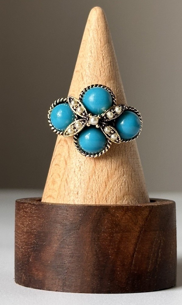 Vintage Ring Turquoise Seed Pearl Faux Gold Band Engraved Size Adjustable