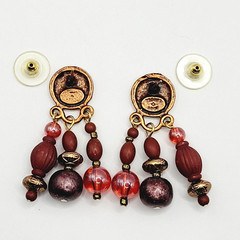 Burgundy Cranberry Copper Colored Multi Shape & Strand Bead Pierced Vtg Earrings