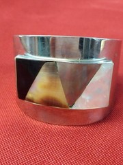 Vintage 1970s Silver Toned Metal Cuff bracelet with Onyx and Shell Inlay