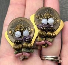 Vintage Brass Tone Asian Coin Cluster 80s Pierced Earrings Semi Precious Chips