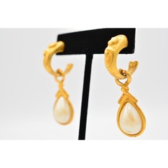 Vintage Dangle Earrings Pearl Teardrop Cabochon Hoop Brushed Gold 1980s BinAG