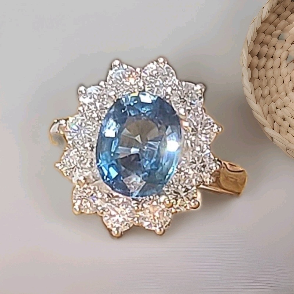 Vintage 18K White Gold Engagement Ring 2.84ct. Natural Teal Blue Sapphire Oval
